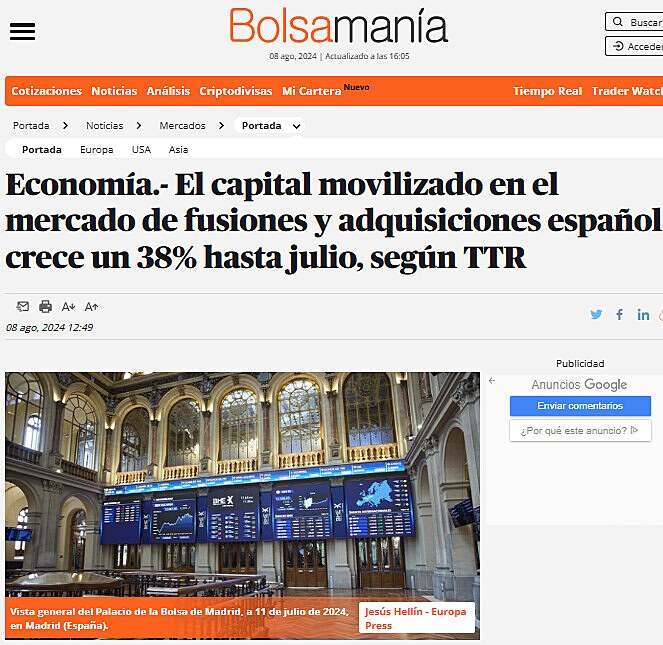 Economa.- El capital movilizado en el mercado de fusiones y adquisiciones espaol crece un 38% hasta julio, segn TTR